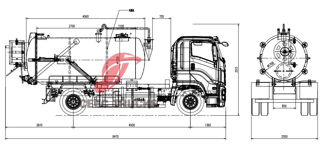 Technical drawing of Isuzu GIGA truck sewer jetters Technical drawing of Isuzu GIGA truck sewer jetters